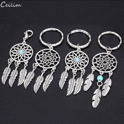 Handmade Blue Beads Dreamcatcher Feather Keychain for Women Silver Color Dream Catcher Pendant Keyholder Car Keyring Jewelry