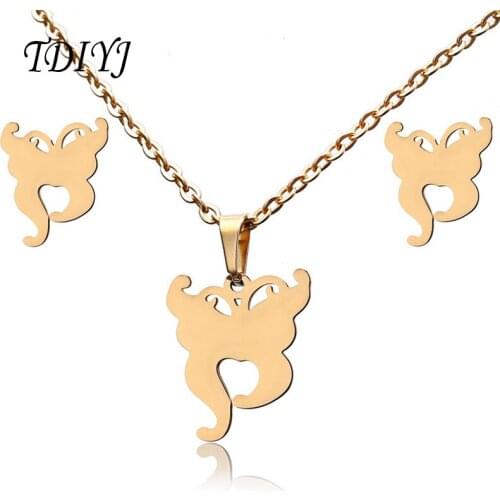 TDIYJ Simple Butterfly Gold Necklace Earring Set Stainless Steel Women Jewelry Set