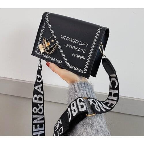 All-match Lock Wide Strap letter Handbag PU Leather Crossbody Bags For Women Fashion Simple Shoulder Messenger Bag Purse Bolso