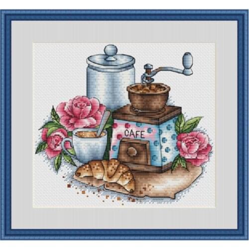 Rose and coffee cross stitch package flower 18ct 14ct 11ct cloth cotton thread embroidery DIY handmade needlework