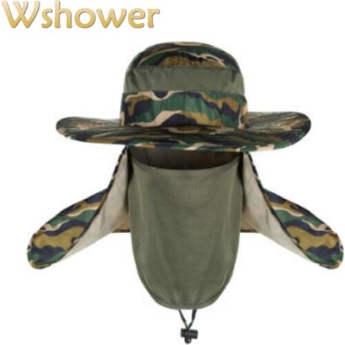 Which in shower Women Men Wide Brim Camouflage Bucket Hat Face Neck Protection Fisherman Fishing Caps Camo Sun Summer Panama