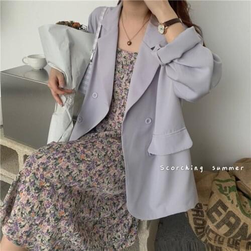 Women Spring Autumn Solid Suit Jacket 2021 New Loose Retro Office Casual Pocket Double Breasted Notched Collar Thin Blazer Coat