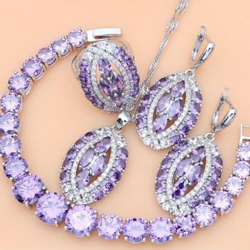 Luxurious Women Silver 925 Jewelry Sets Purple Amethyst Crystal Exquisite Earrings Rings Fashion Necklace Set Dropshipping