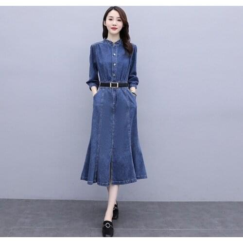 Fashion Denim Party Dresses Spring Autumn Lace Up A-line Dress for Women Elegant Turn-down Collar Button Ladies Dress Vestidos