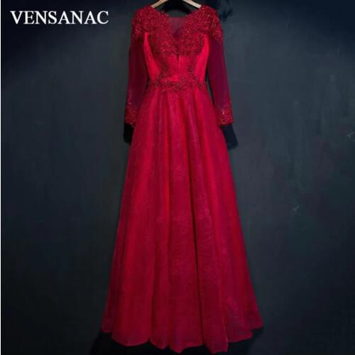 VENSANAC New A Line 2017 Elegant Embroidery O Neck Long Evening Dresses Full Sleeve Beadings Lace Party Prom Gowns