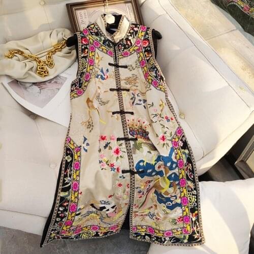 Birds Paying Homage To The Phoenix Embroidery Chinese Style High End Luxury Mid-Length Womens Retro Acetate Vest Coat M-3XL