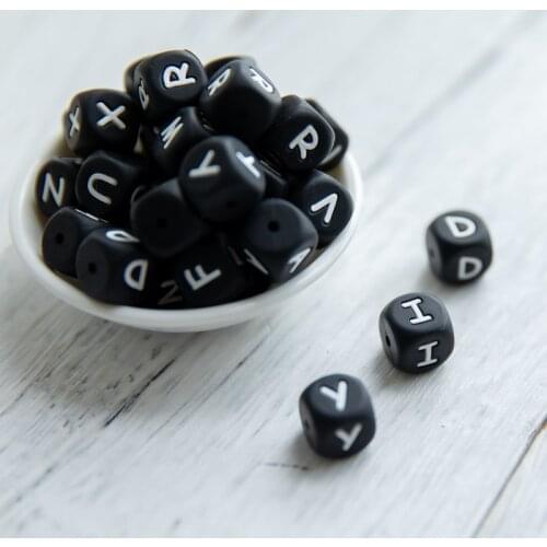 New 10pc Black Alphabet Letter Silicone Beads in 26 letters BPA Free Silicone Chewing Beads for Teething Necklace baby teether