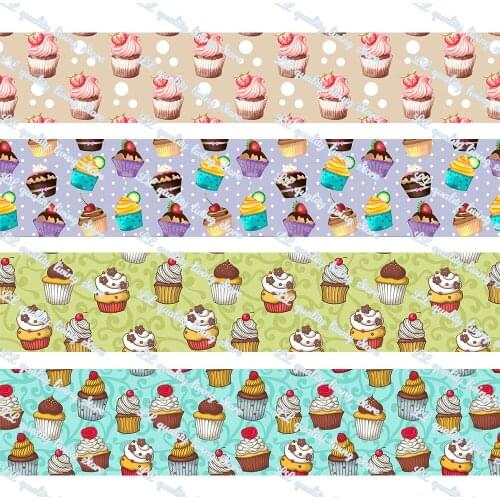 16-75mm Cartoon Cup Cake Printed Grosgrain Ribbon/16mm Printed Elastic Foe Ribbons DIY Hair Bows Sewing Webbing 50 Yards