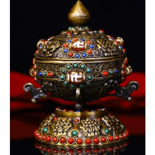 5" Tibet Buddhism Old Bronze Filigree Heavy industry mosaic Gem Dzi Bead eight treasures Prayer wheel Chanting Dharma Town House