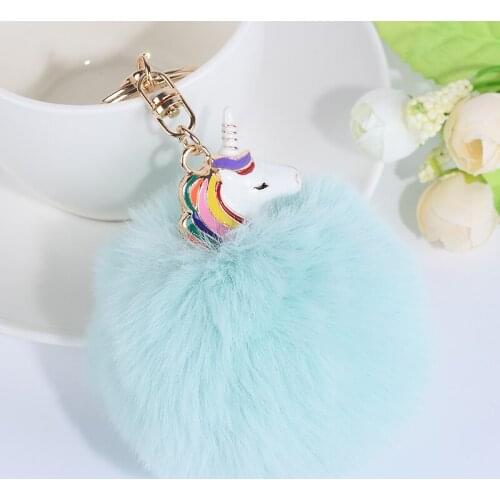 Beadsland cute fur ball metal unicorn keychain colorful fashionable lucky car key buckle handbag decoration women original gift