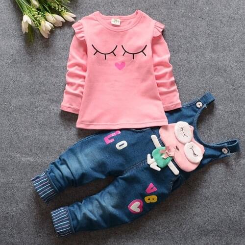 BibiCola Hot Spring Girls Clothing Set Autumn Children Denim overalls jeans pants + Blouse Full Sleeve Twinset Kids Clothes Set