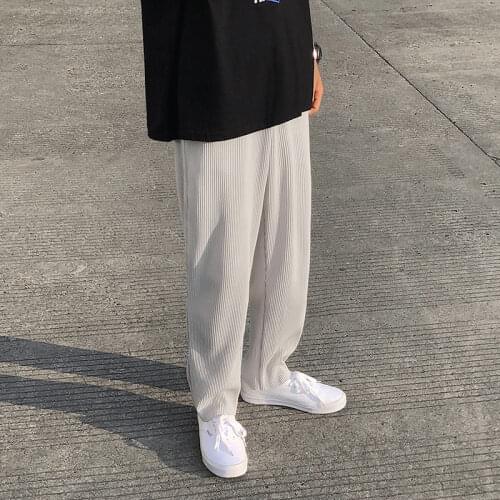 Pleated Straight Mens Pants Fashion Elastic Waist Casual Pants Men Streetwear Loose Ice Silk Trousers Mens Wide Leg Pants
