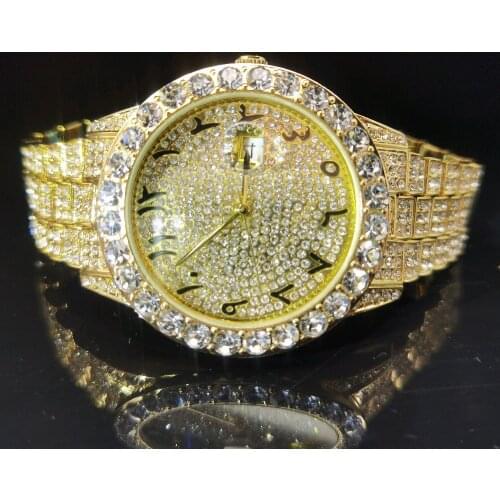 Missfox Arabic Numerals Full Gold Mens Watch Iced Out Luxury Top Business Wristwatch Man Quartz Super Cool Relógio Masculino