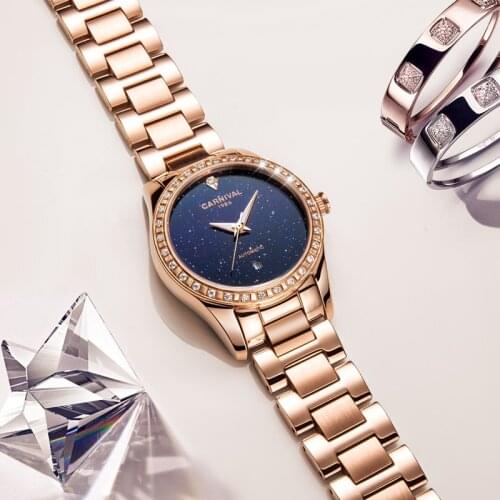 Fashion Women Watches 2019 Calendar Star Sky Dial Clock Luxury Rose Gold Womens Bracelet Automatic Mechanical Wrist Watch New