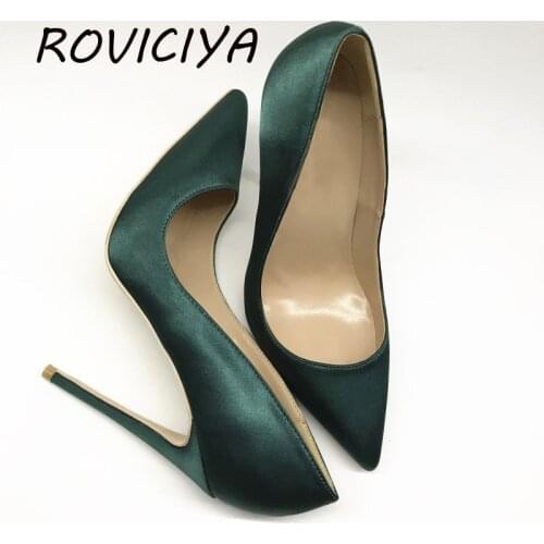 Blackish Green Silk Sexy Mature Woman Pumps Women Classics 12cm High Heel Pointed Toe Wedding Shoes BM003 ROVICIYA