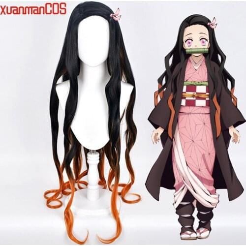 Anime Demon Slayer Kimetsu no Yaiba Kamado Nezuko Cosplay Costume Long Wig