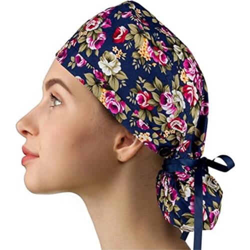 Unisex Adjustable Working Scrub Cap with Protect Ears Button Electrocardiogram Embroidery Floral Print
