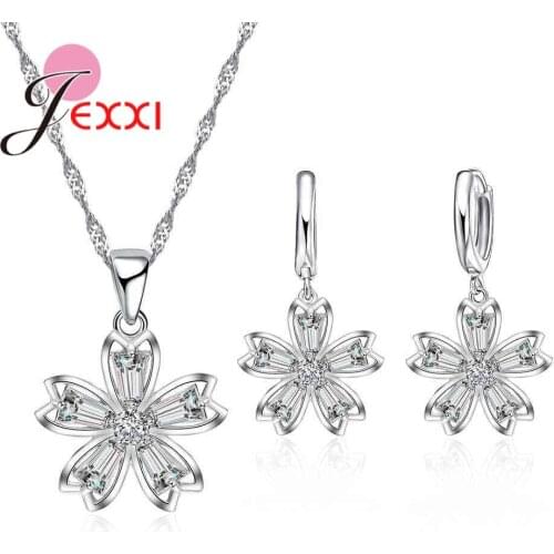 Women Cubic Zircon Pendants Flower Necklace Earring Set For Wedding Anniversary Accessory 925 Silver Bridal Jewelry Set