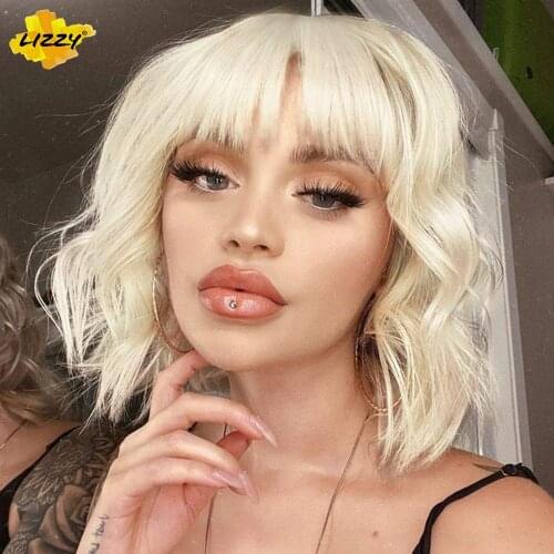 Short Wavy Black Wigs With Bangs For Women Girls Synthetic Brown White Lolita Halloween Cosplay Bob Wig Heat Resistant Lizzy