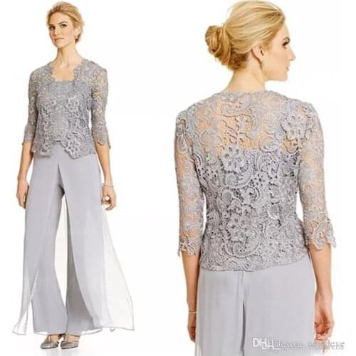 Three Pieces Mother Of the Bride Pant Suit Bride Dresses Scalloped Mothers Suit With Lace Jacket Mother of the Bride Suits