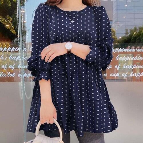 Fashion Polka Dot Blouse Women Elegant O Neck Blusa ZANZEA Puff Sleeve Baggy Pullover Female 2021 Autumn Ruffle Tops