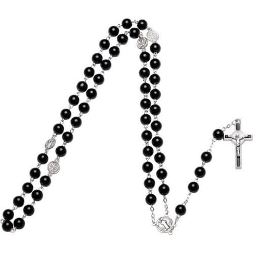 Fashion 8mm pearl bead catholic rosary necklace, St Benedict connectors, center piece, and crucifix cross pendant necklace men