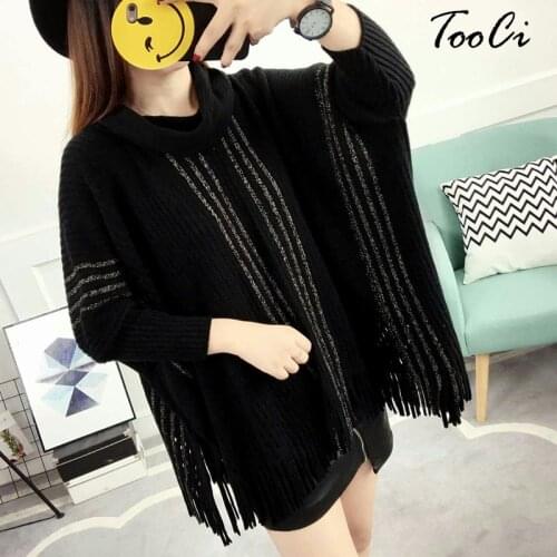 New Fashion Women Spring Red Tassel Knitted Pullover Women Loose Bat Sleeves Tassel Sweater Poncho