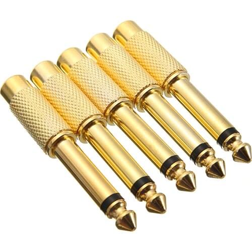 New Golden Audio Adapter 5pcs 6.35mm 1/4" Male Mono Plug To RCA Female Jack Audio Adapter Connector TS For Home KTV Use