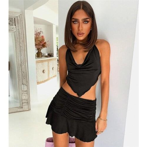 Solid Corset Women Fashion Hollow Up Tie Up Sexy Crop Top Summer Sleeveless Bustier Casual Tank Top Ruched Short Skirt Suit Hot