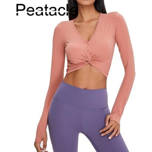 Peatacle Navel Kink Long Sleeve Yoga Wear Womens V-neck Sexy Fitness Top Nude Sports T-shirt