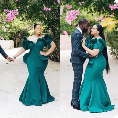 Plus Size Mermaid Prom Dresses Ruffles Off Shoulder Evening Gowns African Short Sleeve Sweep Train Party Wear Outfit