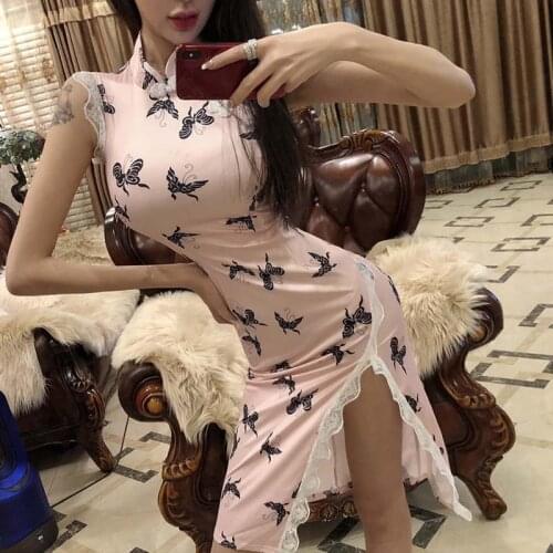 Pink Lace Satin Cheongsam Chinese Dress Short Qipao Mini Nightclub Package Buttocks Paty Dresses Vestido China Evening Gowns