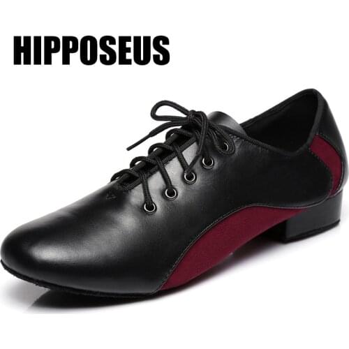 Hipposeus Men Women Dance-Shoes Latin Modern Leather Ballroom Dance Shoes Girls Tango Boys Soft Bottom Salsa Dancing Shoes Black