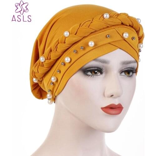2019 New Women Cross Twist Braid hat White Pearl Muslim Hair Loss Cancer Hat Chemo Beanie Cap Hijab Headband Hair Accessories