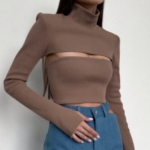 Fall 2021 Women Aesthetic Sweater Knitted Pullover Long Sleeve Autumn Turtleneck Solid White Crop Sweater Hollow Out Pullovers