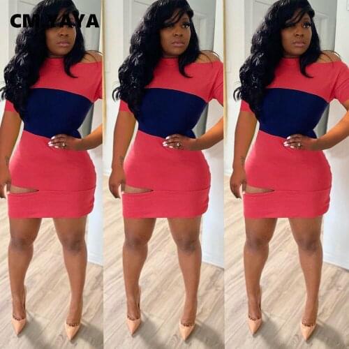 CM.YAYA Women Casual Dress Patchwork Hole Short Sleeve Sheath Elastic Mini Dresses Female Casual High Street Dress Summer Outfit