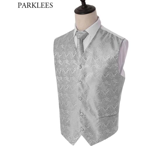 3pc Mens Dress Vest Necktie Pocket Square Set Paisley Jacquard Waistcoat Vest Handkerchief Party Wedding Tuxedo Vest Suit Set