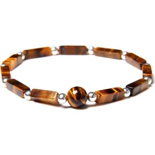 Natural Tiger Eye Bracelets Men Handmade 4*13 mm Rectangle Stone Beads Bangle Elastic Women Jewlery Silver Color Charm Pulsera