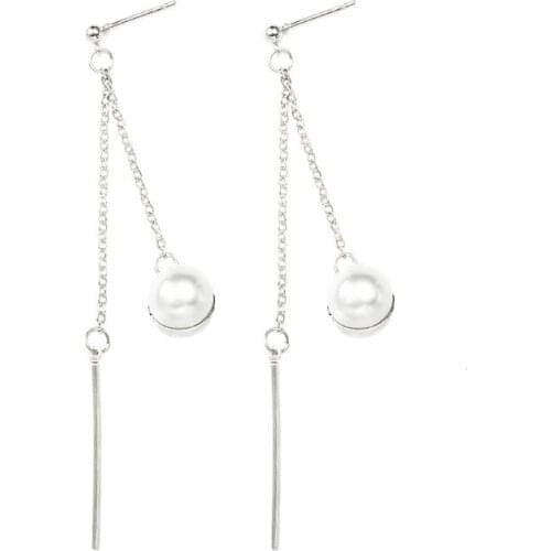 Simulated Pearl Long Earrings Silver Color Statement Dangle Beads Drop Earring Women Link Chain Eardrop Clip Jewelry Accessories