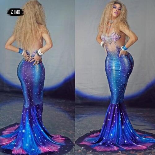 Customized Color Pearls Crystals Fishtail Dress Print Rhinestones Elastic Skinny Trailing Dress Nightclub Bar Singer Long Dress
