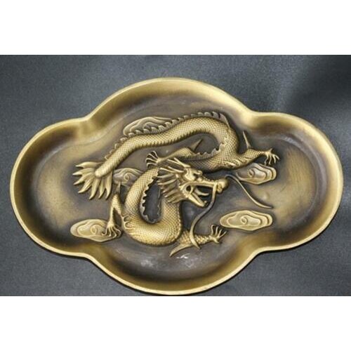 Exquisite Collection Chinese Old Brass Hand-Carved Dragon Tray Furnishing Articles Statue Home Furnishing Decoration