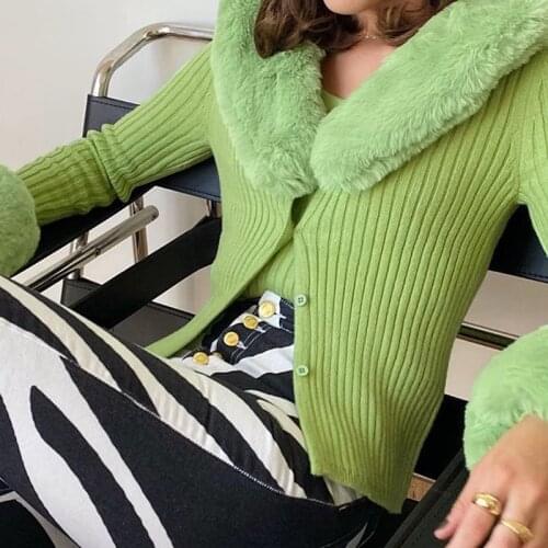 Sweet Faux Fur Patchwork Knitted Ribbed Cardigans Sweaters Long Sleeve Y2K Tops Slim Autumn Winter Jumpers Women Knitwear Female