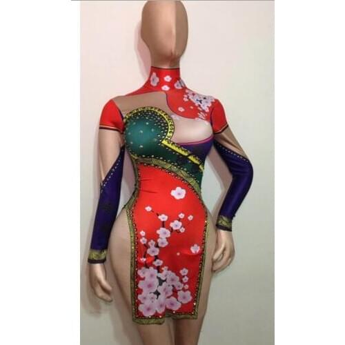 Chinese Sexy Purple Cheongsam Dress Womens Dance wear Female Singer Costume One-piece Bodysuit Nightclub Oufit Party Dresses