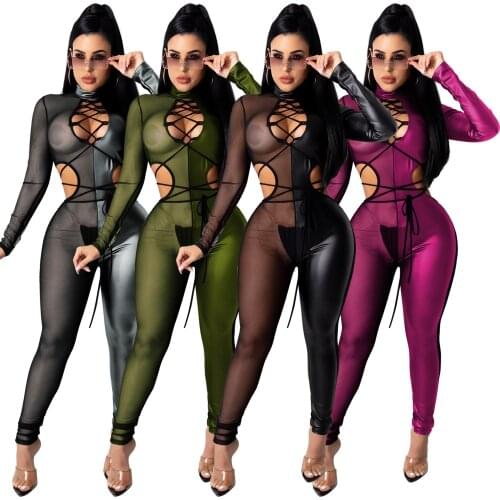 Adogirl Pu Faux Leather Patchwork Mesh Jumpsuit Woman Cut Out Waist Open Back Lace Up Night Club Party Wear One Piece Overalls