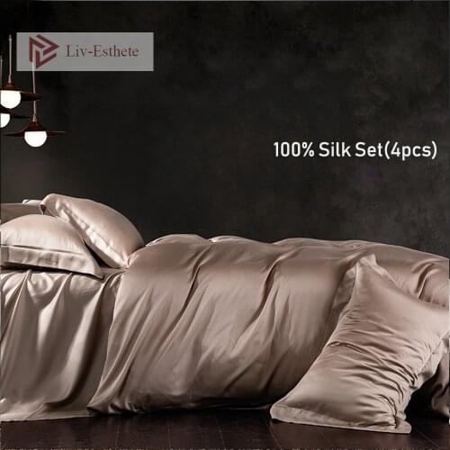 Liv-Esthete Women Dark Gold 100% Silk Beauty Bedding Set Silky Healthy Skin Duvet Cover Flat Sheet Pillowcase Queen King Bed Set