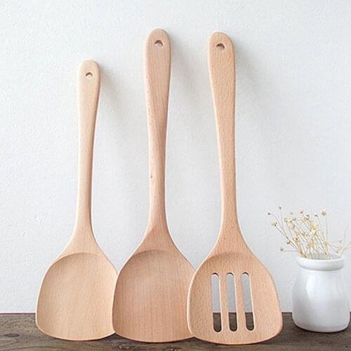 30/35cm Natural Health Beech Wood Kitchen Slotted Spatula Spoon Mixing Holder Cooking Utensils Dinner Food Wok Shovels Turners