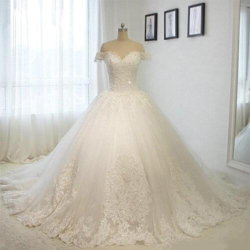 Real Photo 2020 Lace Wedding Dress Off Shoulder Plus Size Ball Gown Beaded Wedding Dress Lace Up Bridal Gowns