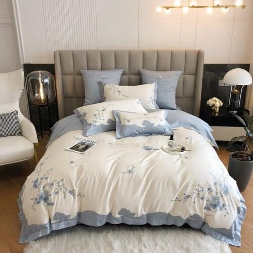 New Luxury Elegant Flower Embroidery 100S Egyptian Cotton Bedding Set Duvet Cover Set Quilt Cover Bed Comforter Set Fitted Sheet