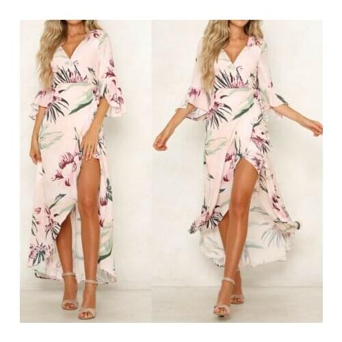 Beach Long Sundress Fashionable Dress Women Ruffle Sleeve Floral Party Dresses Ladies Summer Sexy Charming Deep V-Neck Dress