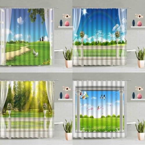 Natural Scenery Shower Curtain Ocean Forest Waterfall Grassland Windmill Wooden Bridge Landscape Bathtub Decor Screen Washable